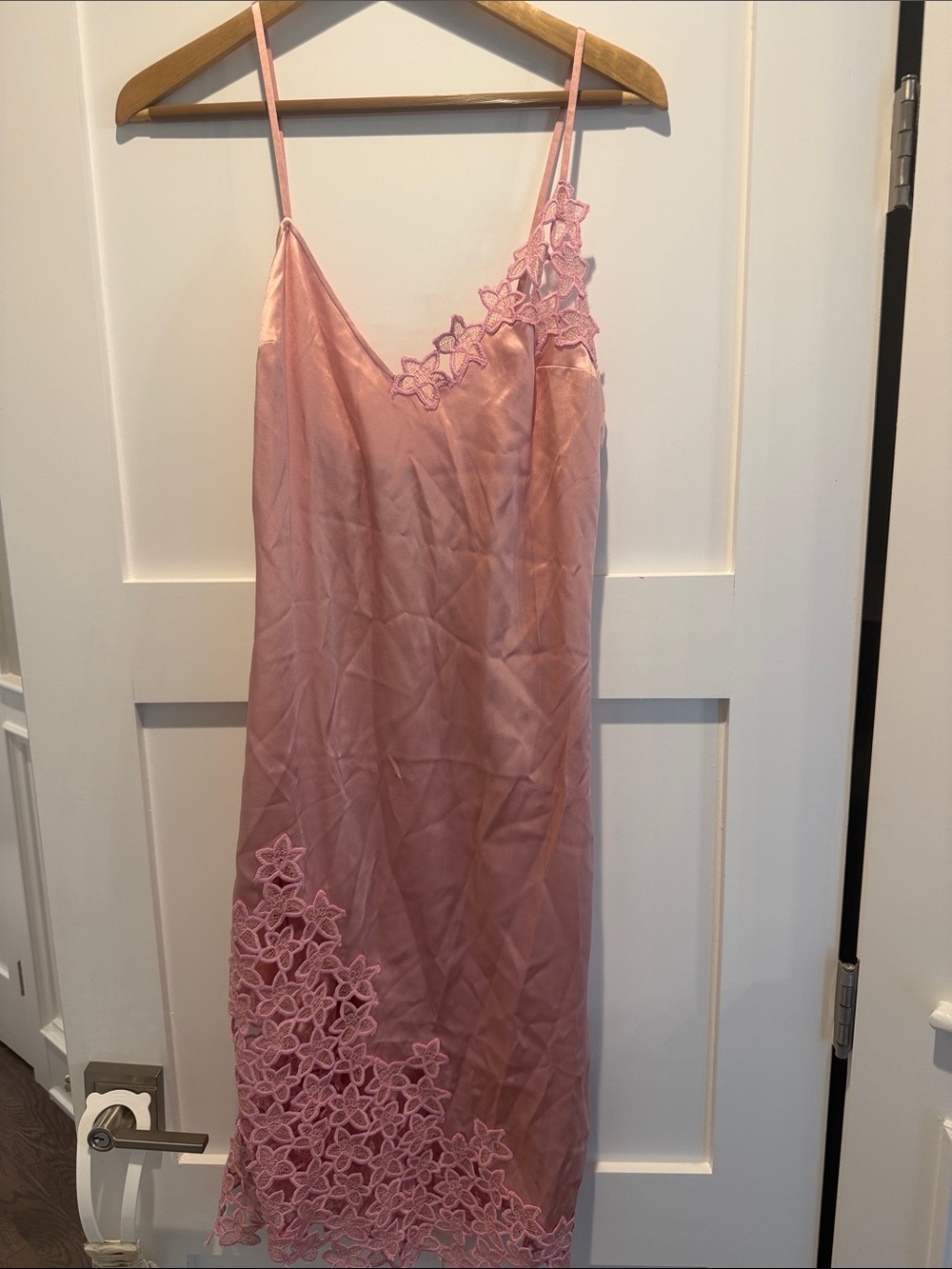 Fleur du Mal Pink Satin Slip with Floral Lace Appliqué